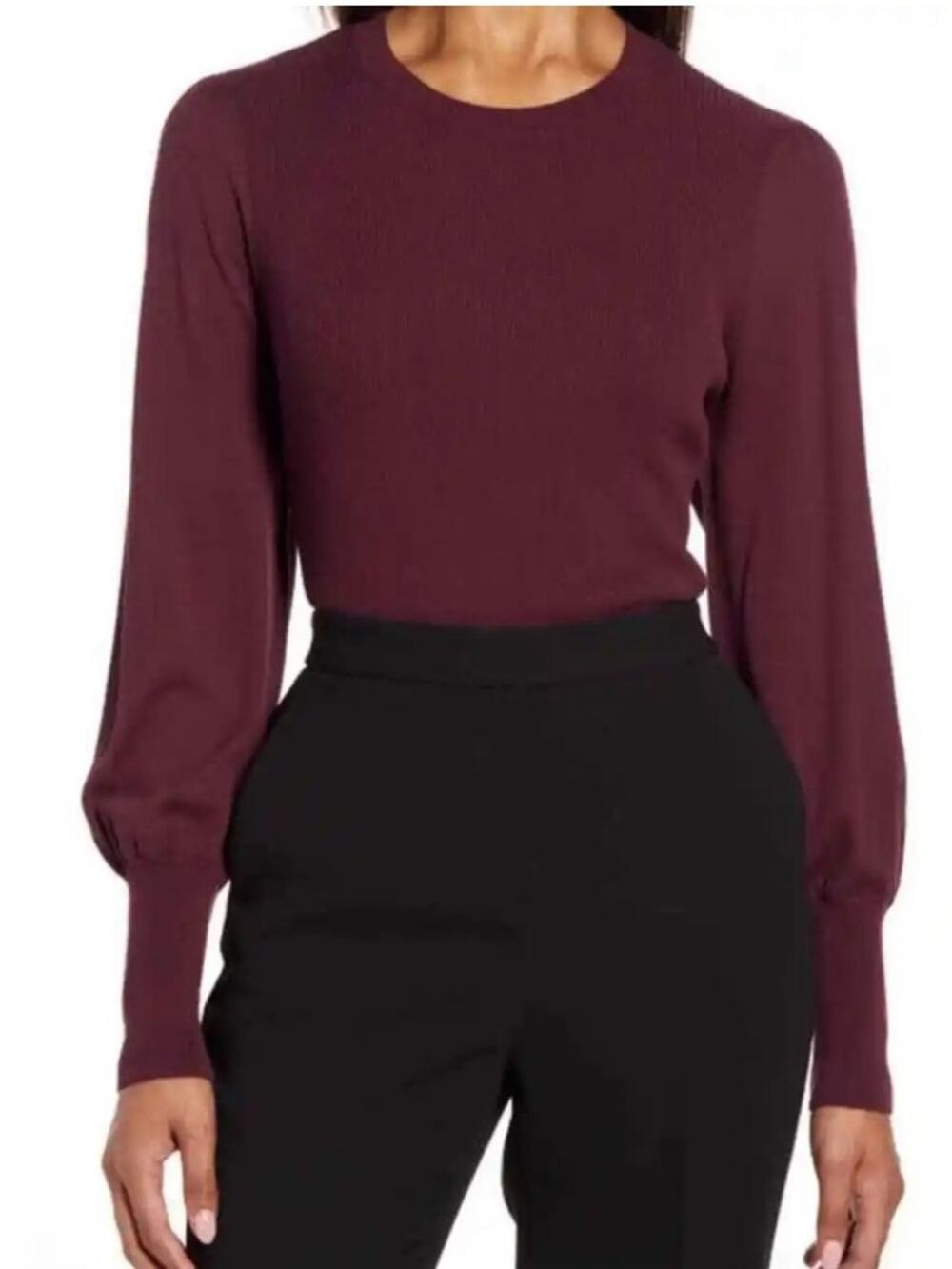 Halogen Sweater Puff Sleeve Burgundy Crewneck Sweater SMALL Stretch